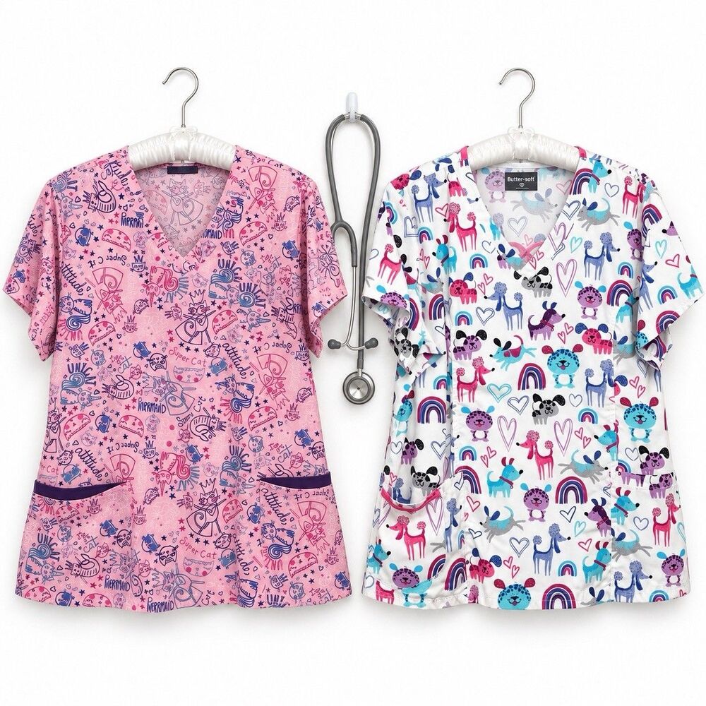 Butter-Soft Women’s XL Medical Scrub Tops Lot of 2 Nurse Veterinary Workwear Set